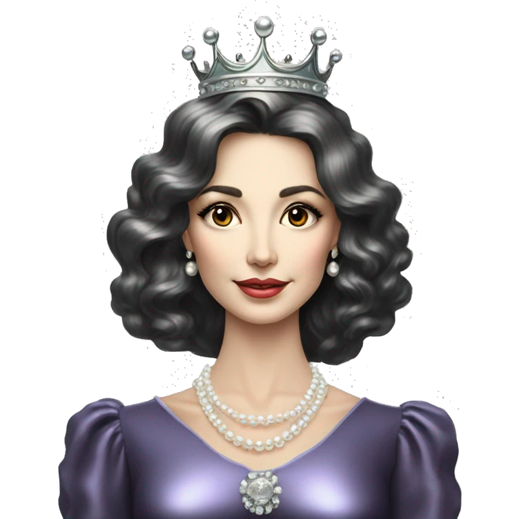 Regal pretty slender middle age woman photograph defined cheekbones high cheekbones crown vintage with very long iridescent black and silver hair wavy long hair pearl crown iridescent emoji