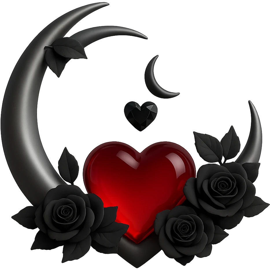Change the heart to red glass, keep the silver crescent moon and small black roses, gothic and luxurious style. The original style is 3D emoji style but it does not support editing, so use a general style editor to achieve a 3D emoji look with no background. emoji