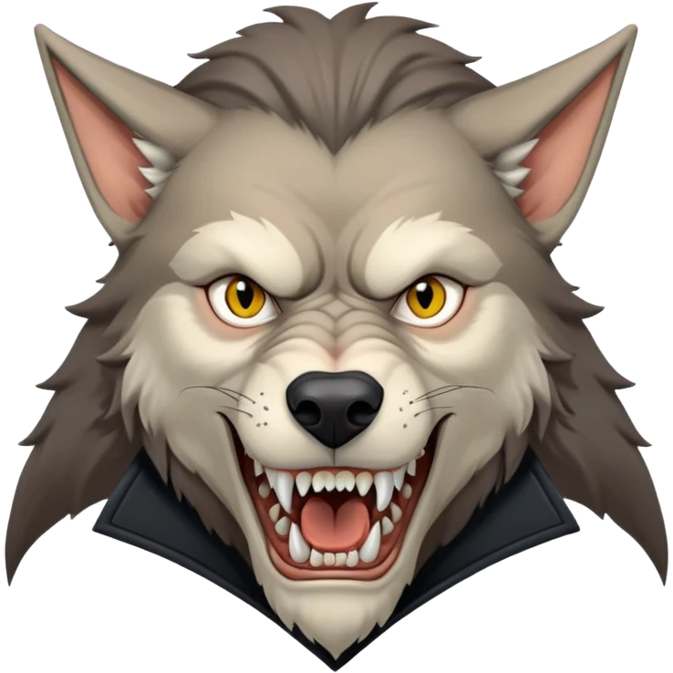 Fenrir Greyback in harry potter, black open chest coat, wolf face, pointed ear, bared teeth emoji