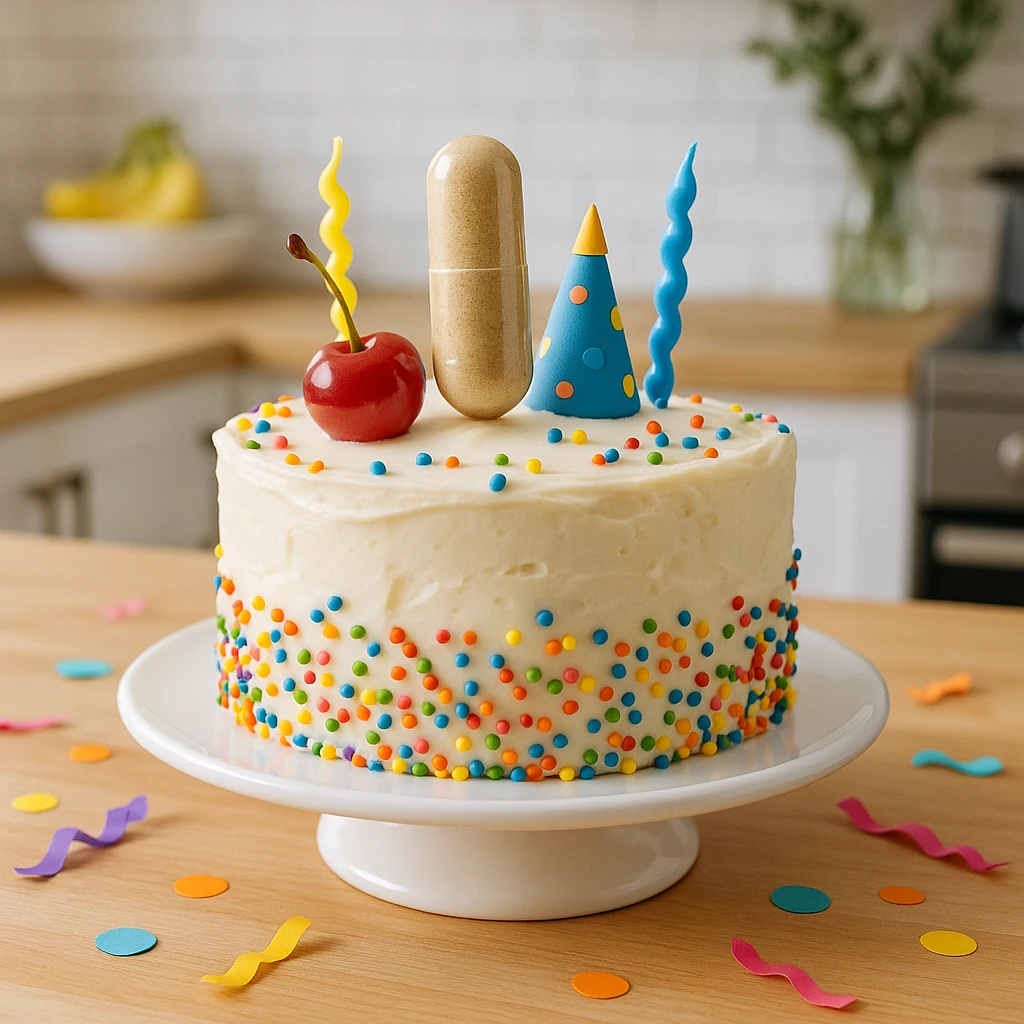 realistic style, concept of supplementation as the cherry on the cake, supplement placed on top of a decorated cake, cheerful atmosphere, creative details, modern kitchen emoji