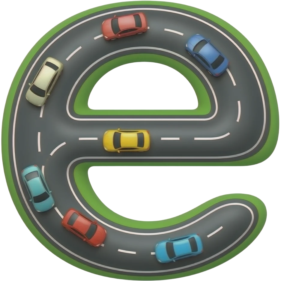 the capital letter e designed like a road where cars are moving emoji