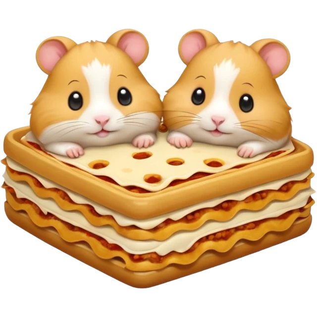 cartoon-style hamster sharing lasagna with other cartoon-style hamsters emoji