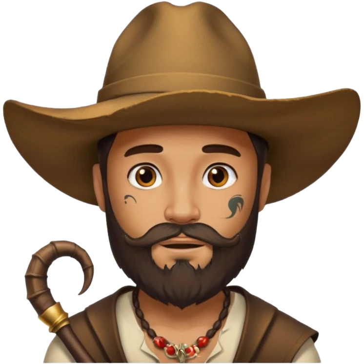 Bearded figure — large brown hat with horn, tattoo on face emoji