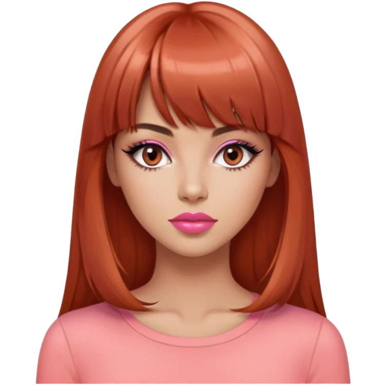 gorgeous woman, light tan skin, black eyes, long beautiful auburn hair, bangs, pink top, coral lipstick, cool, model emoji