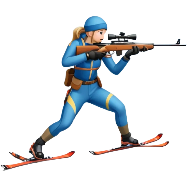 An icon showing a snowy landscape with pine trees, mountains, and a clear sky with a biathlete aiming a rifle in the foreground, wearing winter gear and skis. Transparent background emphasizes the precision, endurance, and beauty of this winter sport. emoji