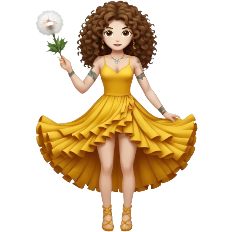 full body woman long curly brown hair brown eyes white skin tattoos muscular build dandelion seed spirit dress made of floating fluff emoji