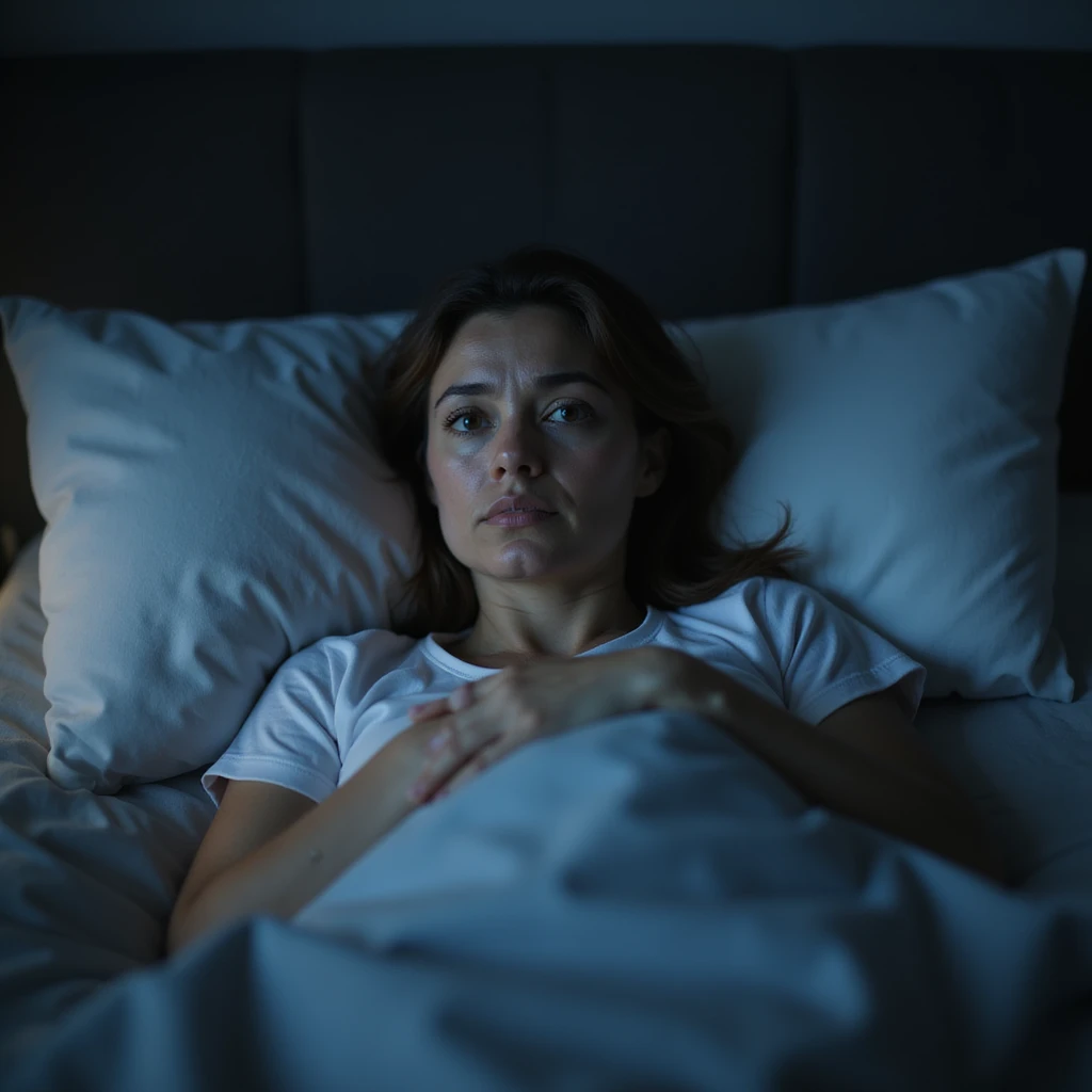 hyperrealistic 4K detailed image of a woman with hormonal imbalance, lying in bed with open eyes, tired look, clock showing late night on bedside table, nighttime environment emoji