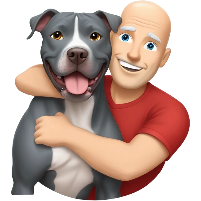 large gray male pit bull smiling and hugging bald white mature man no beard blue eyes with red tshirt emoji
