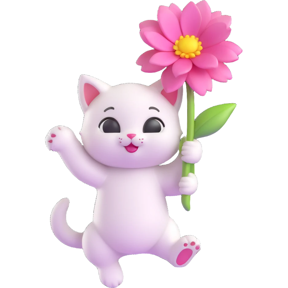 A cute white kitten holding a large pink flower, floating in the air, in 3D iOS emoji style with soft gradients and glossy finish, no background. emoji