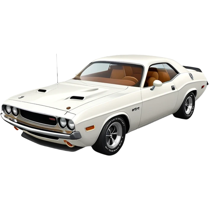 Precisely proportioned white 1971 Dodge Challenger, consistent 30-degree angle showing correct perspective of front and side, authentic muscle car structure, completely white exterior, iOS emoji style emoji