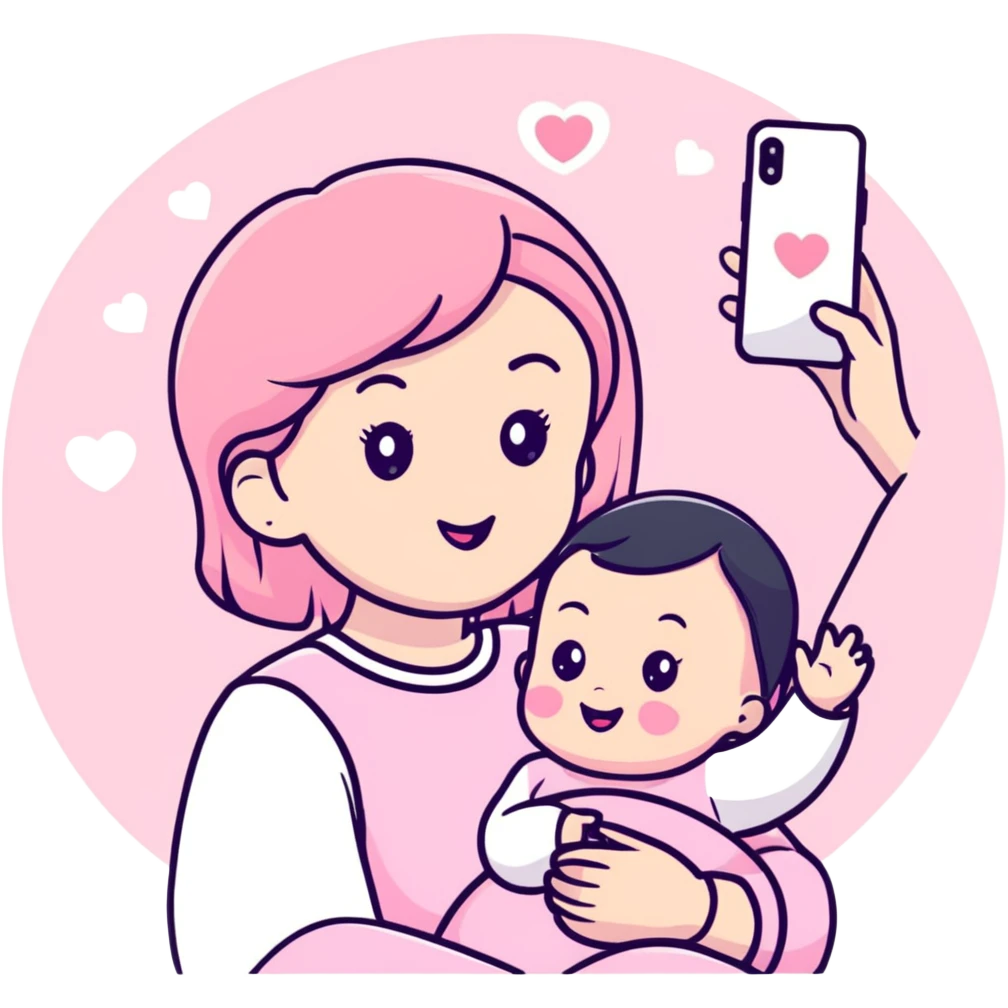 mom taking selfie with baby surrounded by pastel pink hearts emoji