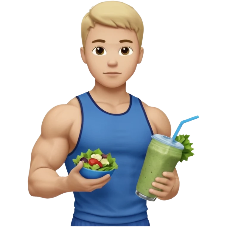 A young male person with a muscular, well-defined build. He has short dark blonde hair, a light skin tone, and a neutral facial expression. He wears blue cloth. He is holding a salad in one hand and a protein shake in the other. emoji
