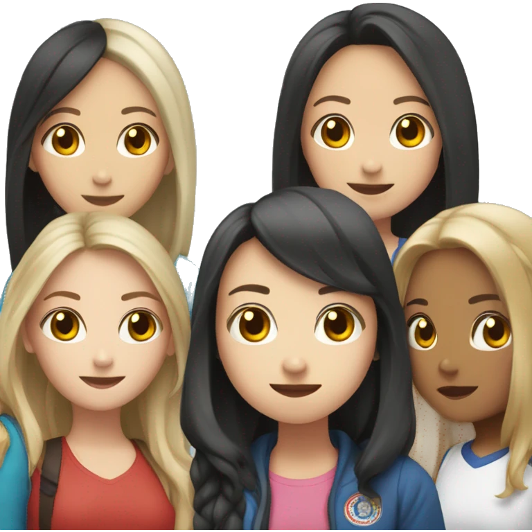 group of 5 girls, one american, one British, one Chinese, one Japanese and one Filiipino emoji