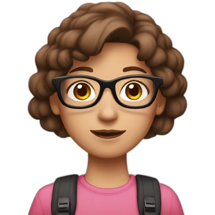 a girl with brown hair, wearing black-rimmed glasses, with a backpack, in a pink top emoji