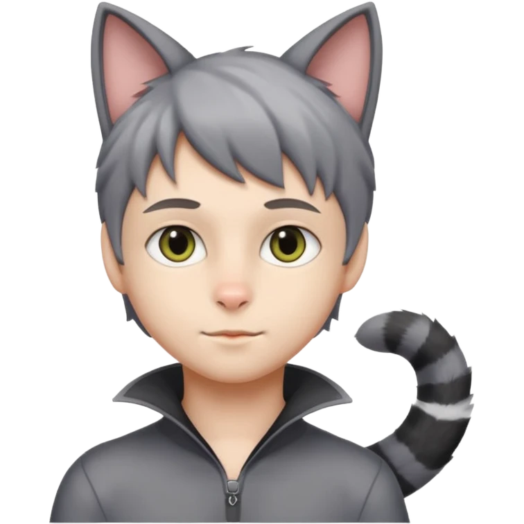 Boy in gray cat suit with tail and ears emoji