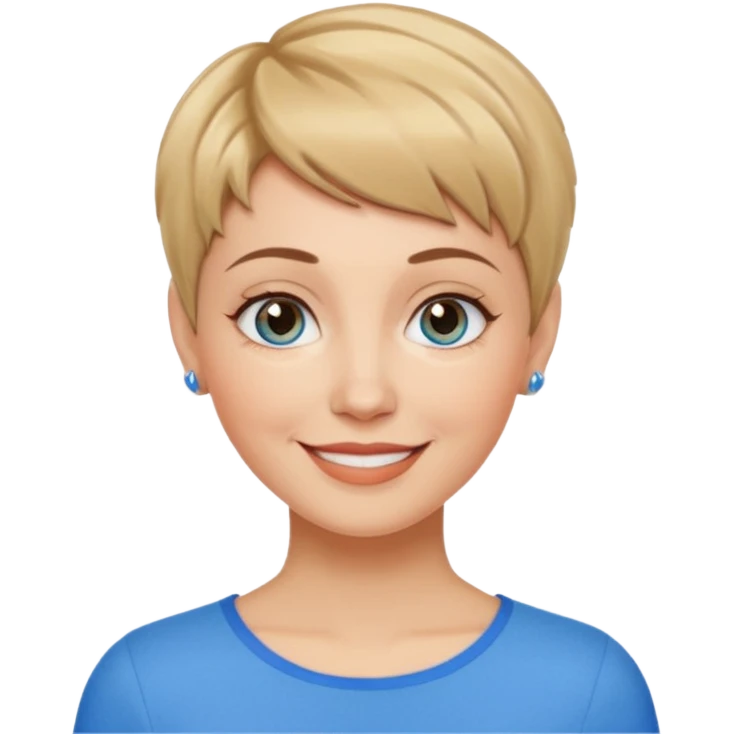 Frau, helle Haut, brauner Pixie schnitt mit blonden Spitzen, blaue Augen, mittleres alter emoji