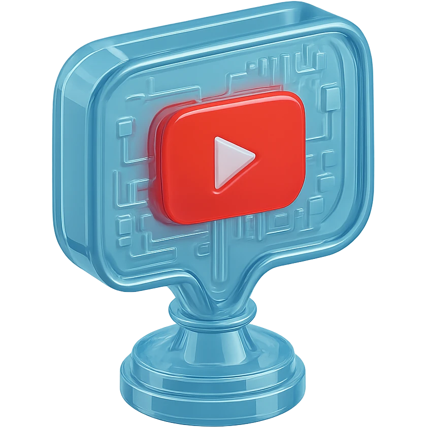 speech bubble with a red YouTube play button, like a trophy, glossy circuit style emoji
