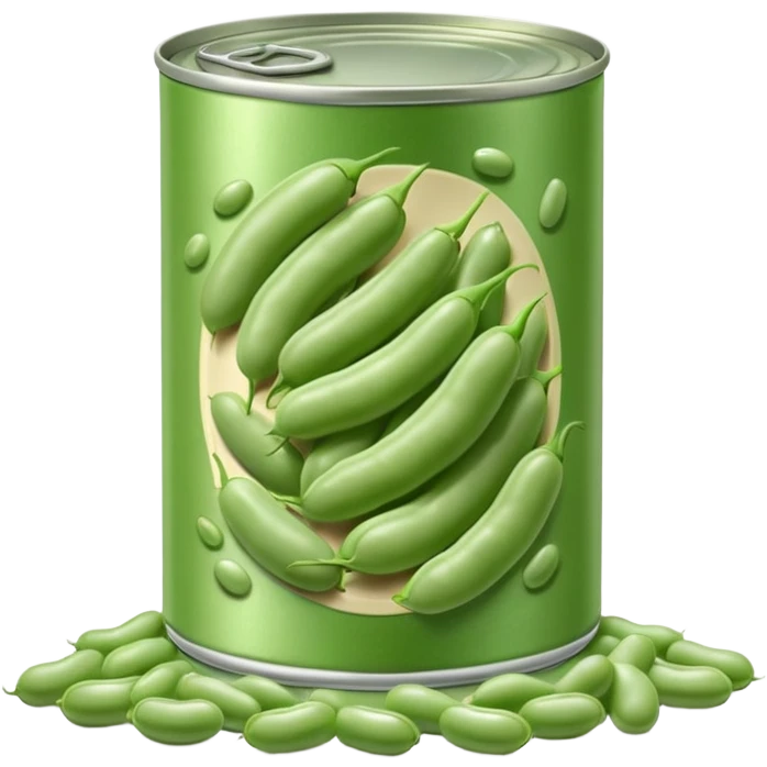 open metal can with pale green oval beans in clear liquid, no label or extras, soft lighting, subtle shadows, emoji scale emoji