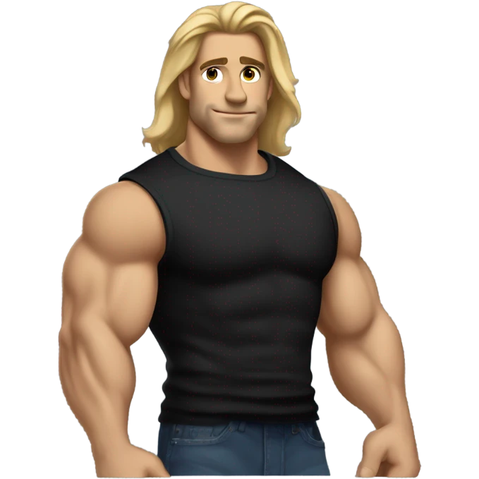 Muscular man with big biceps, dirty blonde straight hair brushed back, wearing a black sweater in a casual style, loves old-money aesthetic.” emoji