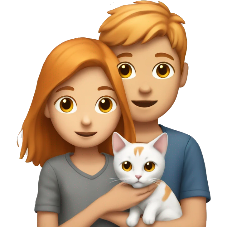 the boy is holding a white and gray cat and next to it the girl is holding a ginger cat emoji