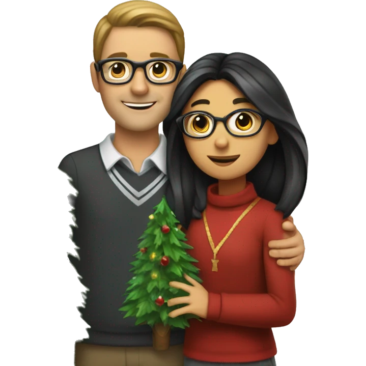 A girl with brown long hair hugs a man with black hair, ties and glasses. They are holding Christmas tree decorations emoji