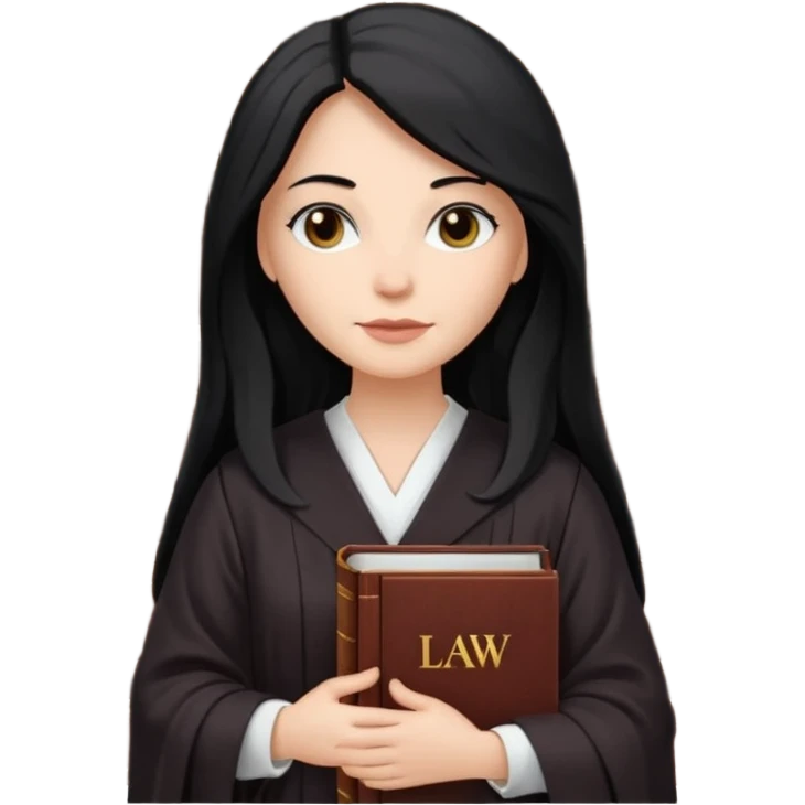 white-women-with-long-black -hair-lawyer-in-lawyer’s-robe. Have law book in hand with bookshelf full of law books in the background. emoji