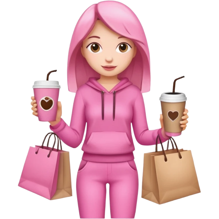 Girl with pink outfit and in hands shopping bags and coffee drink  emoji