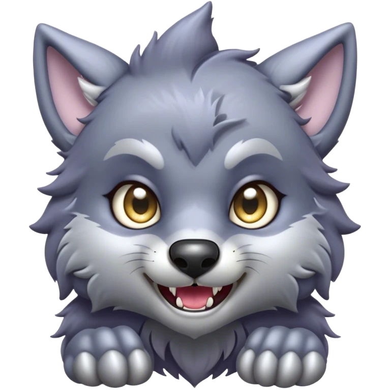 Cinematic Cute Werewolf Portrait Emoji, with a cuddly, miniature lupine form in soft moonlit grays and silvers, featuring oversized sparkling eyes and a sweet, endearing snarl, simplified yet irresistibly adorable, highly detailed with a gentle glowing outline that captures the playful, heartwarming essence of a little werewolf! emoji