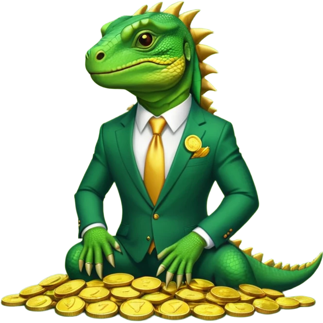 capitalist iguana in suit lying on coins emoji
