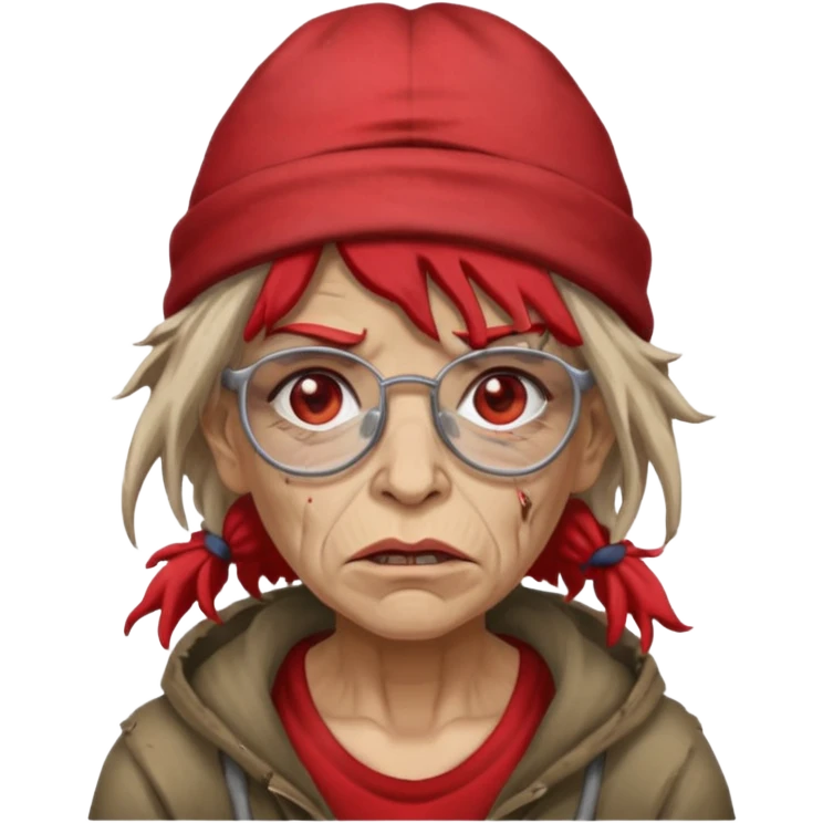 very dirty looking homeless woman with ripped red hat with ugly hair and broken glassess emoji