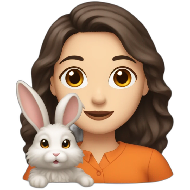 white woman with brown eyes and long wavy black hair in a brown blouse is holding orange and very fluffy rabbit emoji