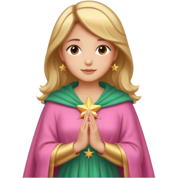 Mujer de piel morena, rostro sereno, manos juntas. Vestido rosa, manto azul verdoso con estrellas doradas. Resplandor dorado alrededor del cuerpo. emoji