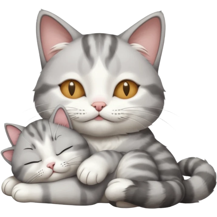 grey and white small cat with its eyes closed lying down with his paw curled under his head holding it up emoji