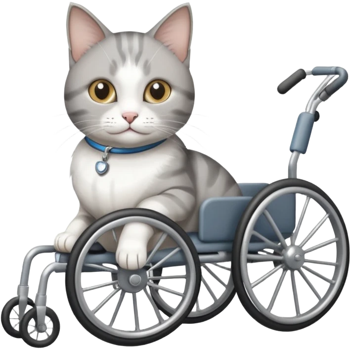 disabled grey and white cat using cat physio wheelchair emoji