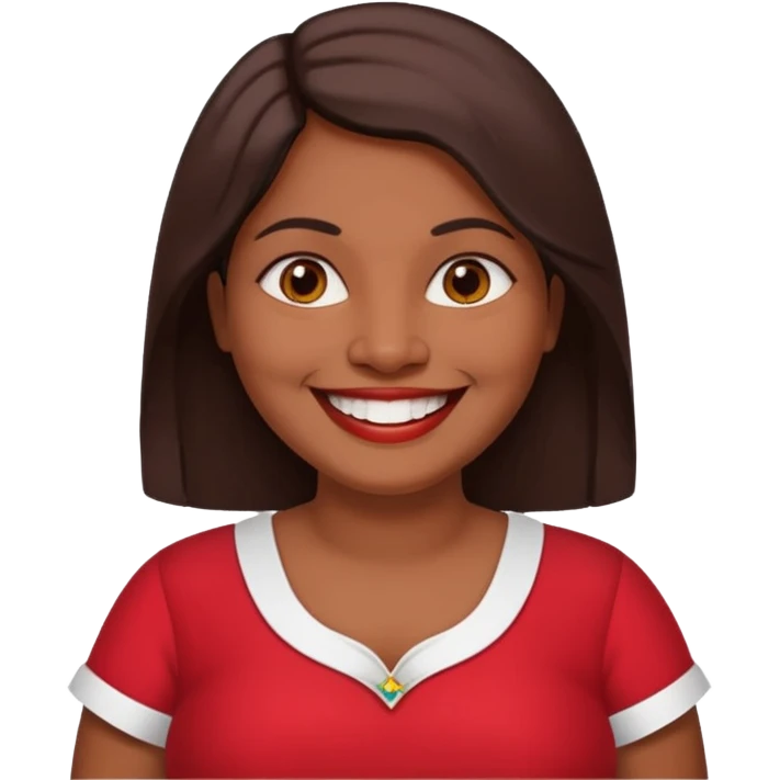 50 yr old chubby Sri Lankan woman, dark skin, straight brown hair, big smile, white teeth, red dress clothes, shoulder length hair, longer hair emoji