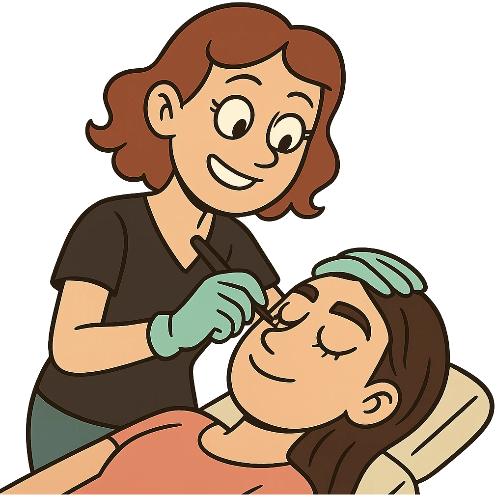 cartoon style microblading artist working on a client's eyebrows smiling emoji