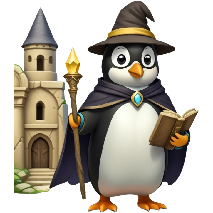 A wizard-explorer penguin wearing a slightly worn enchanted yellow hat and a flowing cape, standing in front of an ancient ruin. The penguin holds a spellbook in one hand and a magical artifact in the other, ready to unlock the secrets of a lost civilization emoji