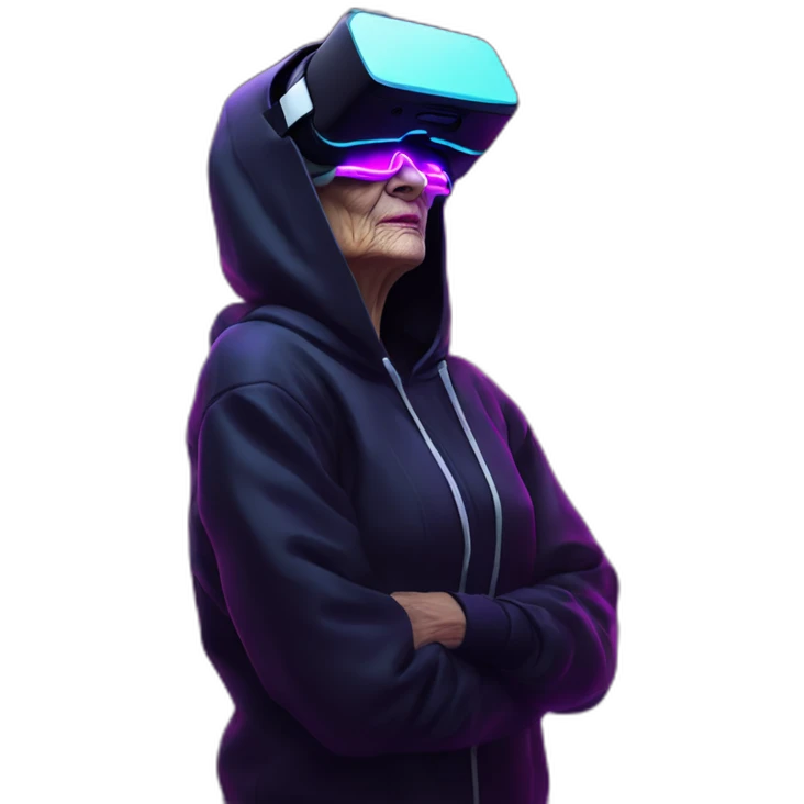 Russian old woman wearing a black hoodie with "OMG" letters on it and VR headset in a cyberpunk VR environment with violet neon lighting. emoji