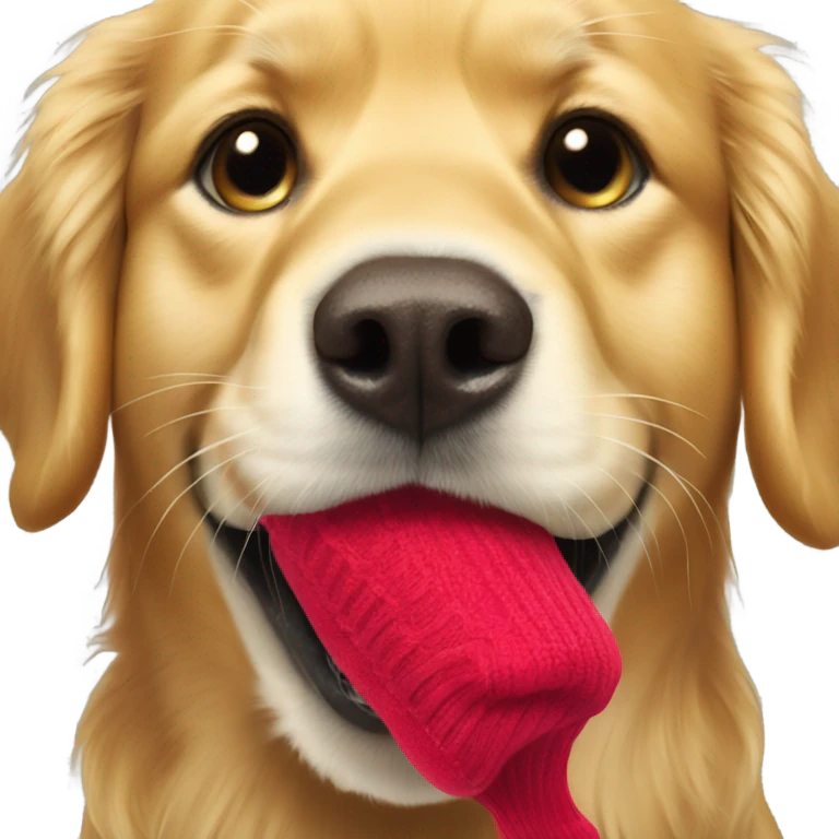 Golden retriever with sock dangling from mouth emoji