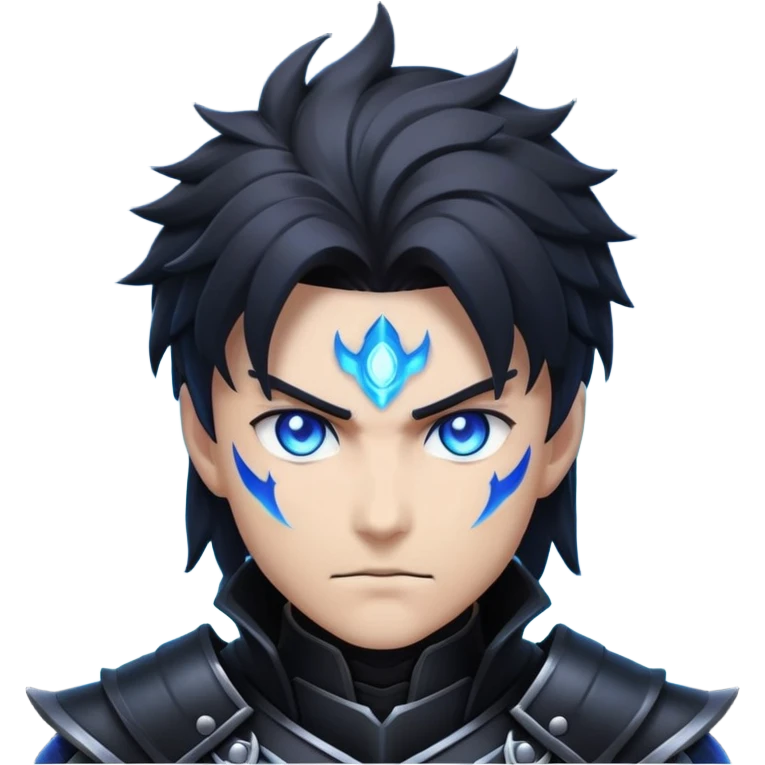 Anime-style emoji of a powerful dark hunter with black armor, glowing blue eyes, sharp hairstyle, surrounded by shadow aura. Inspired by Solo Leveling: Arise aesthetic. Dramatic, intense, mysterious expression. High contrast, heroic vibe.
 emoji