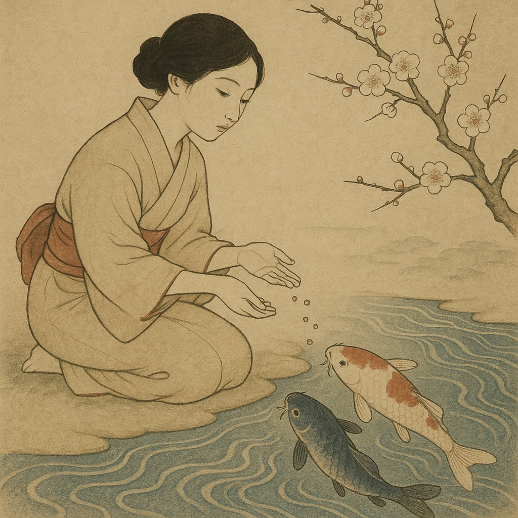girl feeding koi fish in a pond emoji