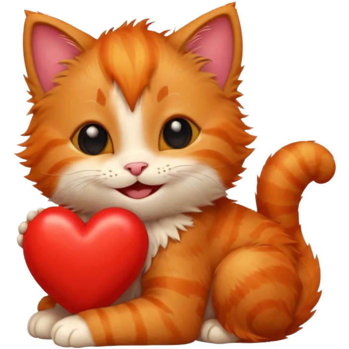 The ginger kitten is hugging a heart, very happy and smiling. emoji