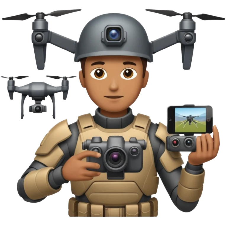 Un photographe homme high tech, une armure de terrain à la super héro. Il a des appareils photos, des caméras embarquées et un drone derrière lui en hauteur. emoji