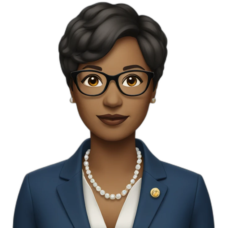 black woman ceo, black glasses, short straight hair, blue blazer, pearl necklace emoji