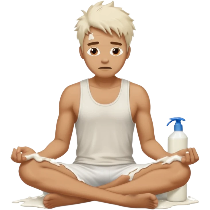 Man sitting on the floor exhausted covered in white lotion emoji