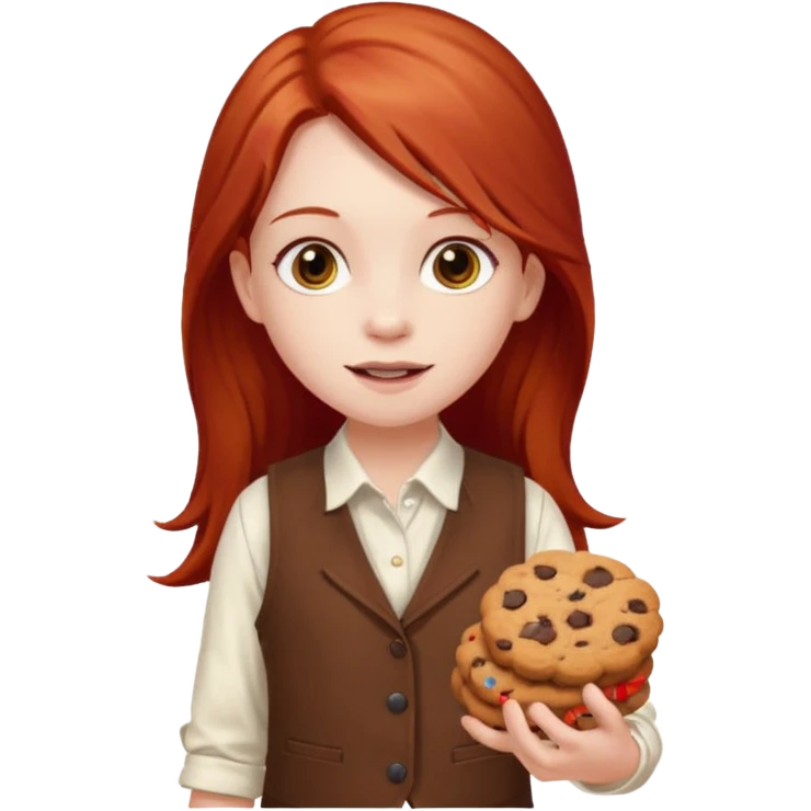 white girl scout with red long hair selling cookies with a brown vest and white shirt under vest. She should be around 10 years old emoji