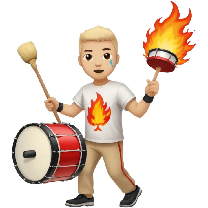 A loud fan, simple tee shirt with paint on his cheeks with a marching drum, beating it with fiery enthusiasm emoji