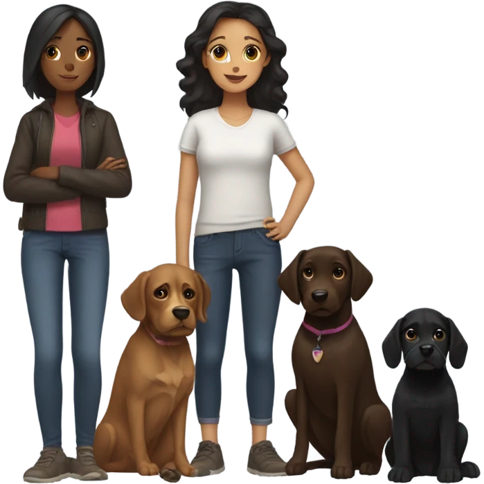 Girl with dark brown hair woth 1 black dog and 1 brown dog  emoji