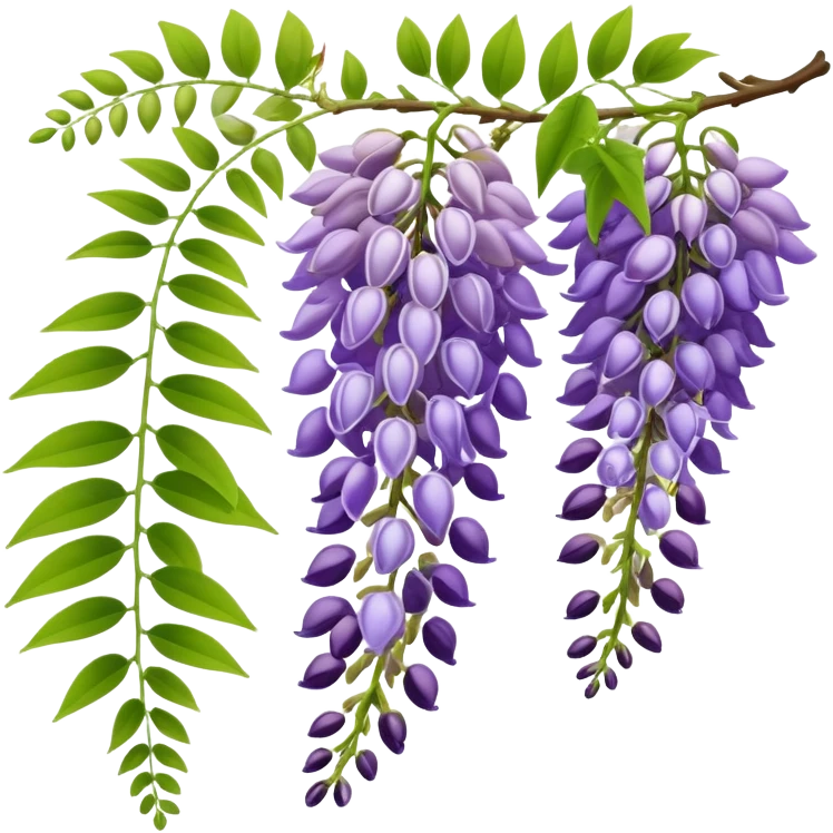 Wisteria raceme with mixed blooming stages - some flowers fully open in purple, others still in bud stage, hanging gracefully with green leaves emoji