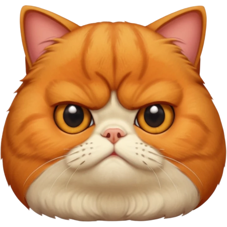 貓咪特徵強調
 
品種/臉型： 以**加菲貓（Garfield cat）或異國短毛貓（Exotic Shorthair）**為原型。
面部特徵： 強調扁臉（Flat face）、極度厭世的表情（Extremely grumpy/grumpy/displeased expression）、深深的皺眉（Deeply furrowed brow）、以及大眼睛（Large eyes）。
毛髮： 擁有雙層、蓬鬆的長毛（Double-coated, fluffy long fur）。 emoji